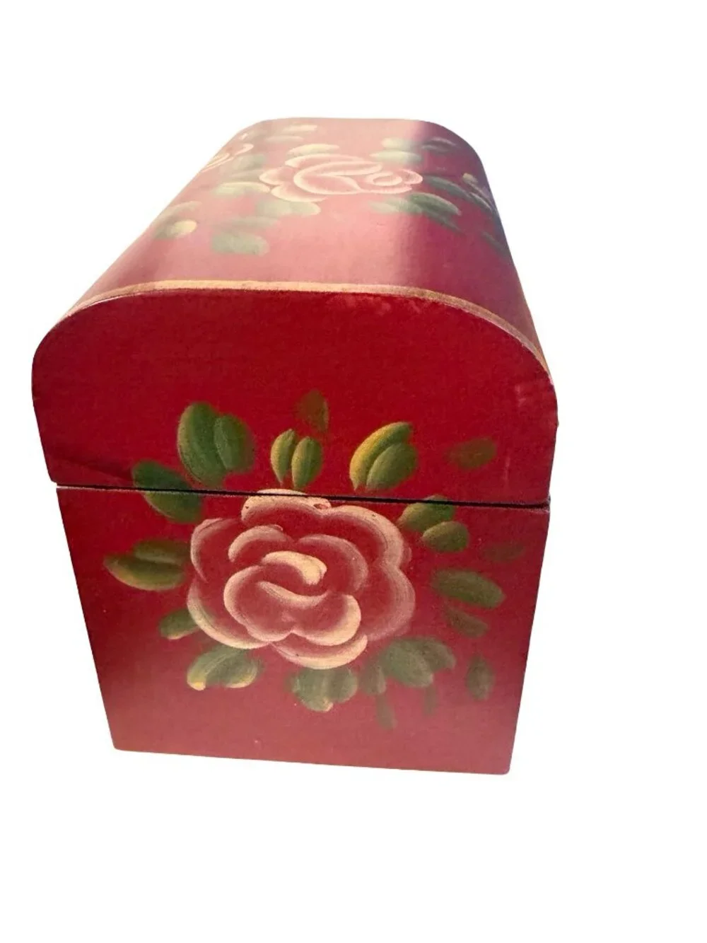 Vintage Hand Painted Floral Wooden Treasure Chest Jewelry Box Red Roses Emrad Cr